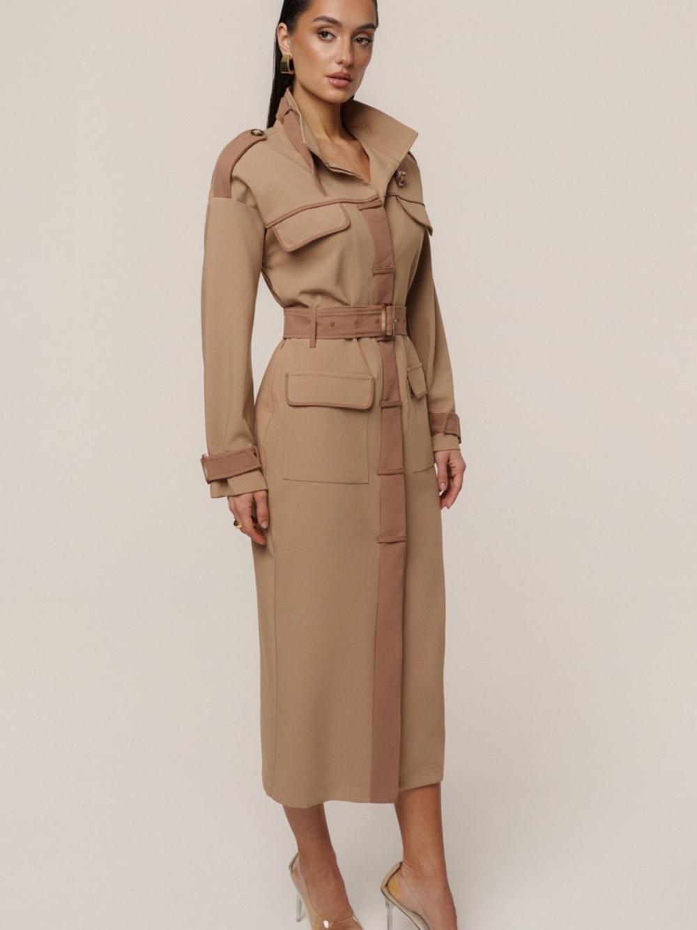 JLUXLABEL Beige Tan Icon Belted Midi Dress Belted Midi Trench Coat Military S